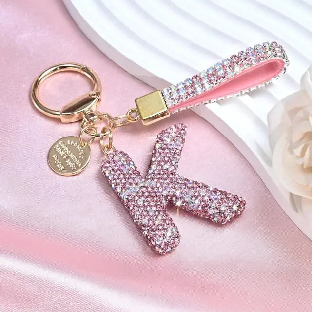 Alt view image 3 of 6 - Pink Blue White Initial Letter Keychain Gift for Women Girls Bling Sparkly Cute Backpack Car Key Accessories Lanyard (K-pink)