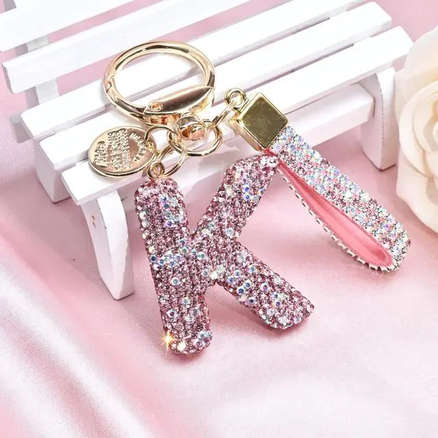 Alt view image 4 of 6 - Pink Blue White Initial Letter Keychain Gift for Women Girls Bling Sparkly Cute Backpack Car Key Accessories Lanyard (K-pink)