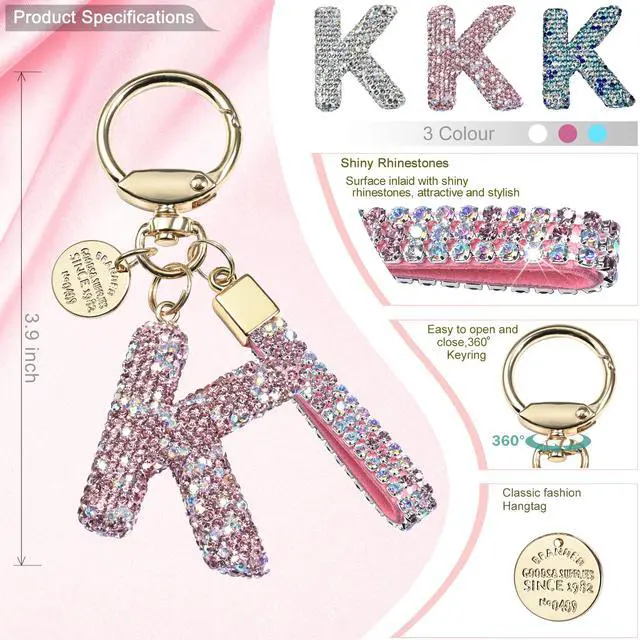 Alt view image 2 of 6 - Pink Blue White Initial Letter Keychain Gift for Women Girls Bling Sparkly Cute Backpack Car Key Accessories Lanyard (K-pink)
