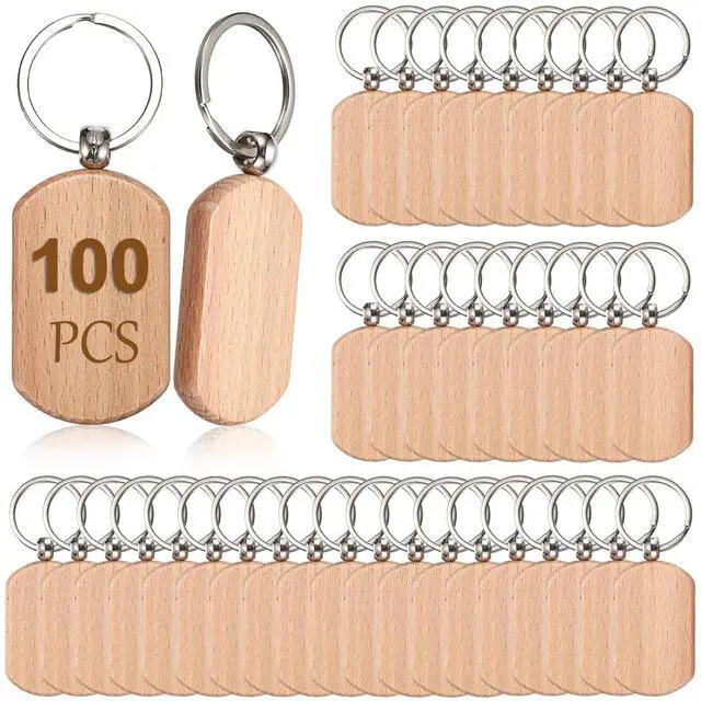 Main image of 100 PCS Unfinished Wooden Keychain Blanks for Engraving, Wood Engraving Blanks Key Chain, DIY Wood Keychain Tags Unfinished Wooden Key Ring Key Tag, 52x32x7mm