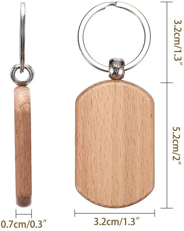 Alt view image 2 of 7 - 100 PCS Unfinished Wooden Keychain Blanks for Engraving, Wood Engraving Blanks Key Chain, DIY Wood Keychain Tags Unfinished Wooden Key Ring Key Tag, 52x32x7mm