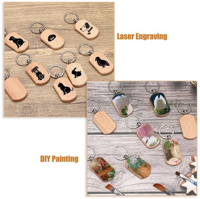 Alt view image 5 of 7 - 100 PCS Unfinished Wooden Keychain Blanks for Engraving, Wood Engraving Blanks Key Chain, DIY Wood Keychain Tags Unfinished Wooden Key Ring Key Tag, 52x32x7mm