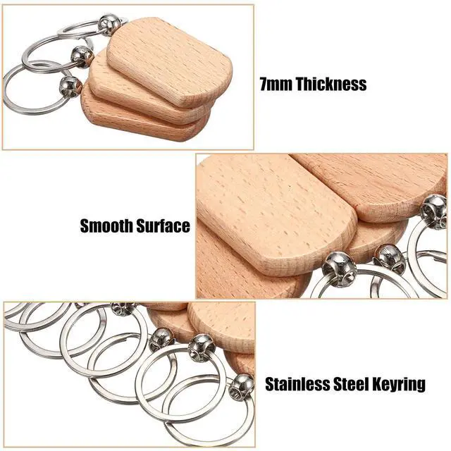 Alt view image 4 of 7 - 100 PCS Unfinished Wooden Keychain Blanks for Engraving, Wood Engraving Blanks Key Chain, DIY Wood Keychain Tags Unfinished Wooden Key Ring Key Tag, 52x32x7mm
