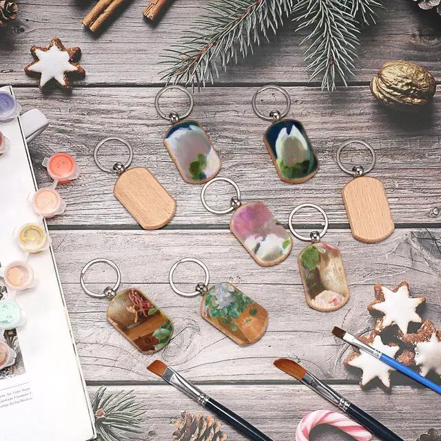 Alt view image 6 of 7 - 100 PCS Unfinished Wooden Keychain Blanks for Engraving, Wood Engraving Blanks Key Chain, DIY Wood Keychain Tags Unfinished Wooden Key Ring Key Tag, 52x32x7mm