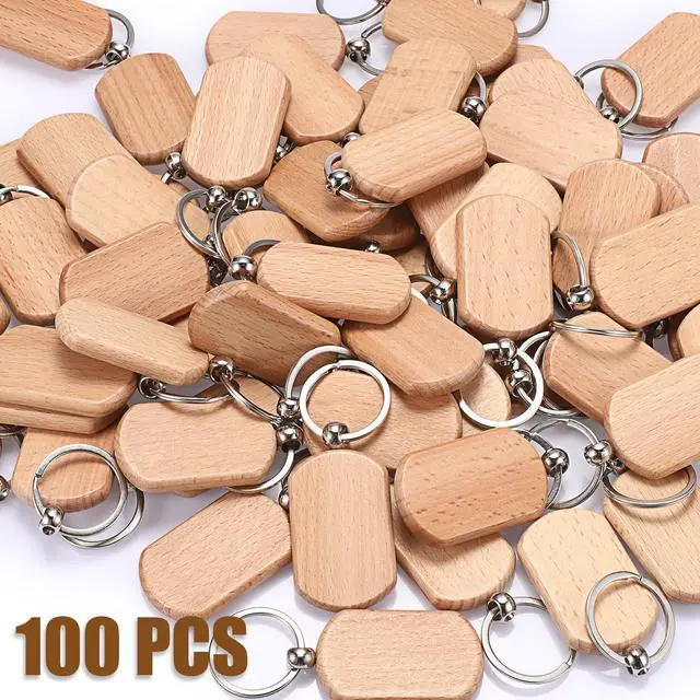 Alt view image 3 of 7 - 100 PCS Unfinished Wooden Keychain Blanks for Engraving, Wood Engraving Blanks Key Chain, DIY Wood Keychain Tags Unfinished Wooden Key Ring Key Tag, 52x32x7mm