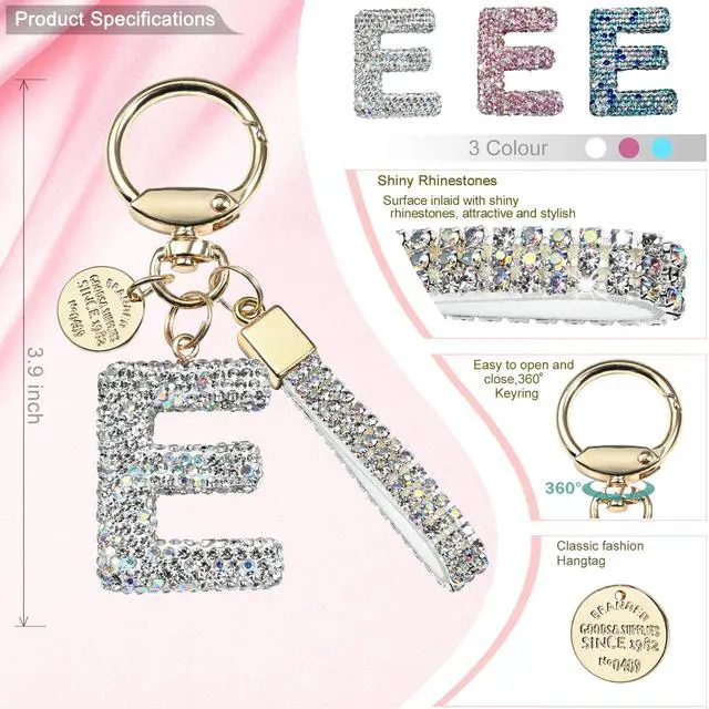 Alt view image 2 of 6 - Pink Blue White Initial Letter Keychain Gift for Women Girls Bling Sparkly Cute Backpack Car Key Accessories Lanyard (E-white)