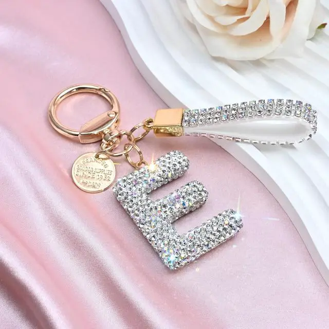 Alt view image 3 of 6 - Pink Blue White Initial Letter Keychain Gift for Women Girls Bling Sparkly Cute Backpack Car Key Accessories Lanyard (E-white)