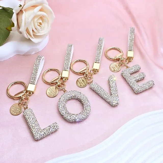 Alt view image 5 of 6 - Pink Blue White Initial Letter Keychain Gift for Women Girls Bling Sparkly Cute Backpack Car Key Accessories Lanyard (L-white)
