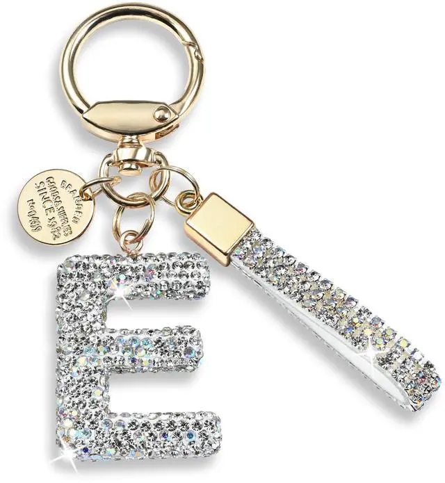 Main image of Pink Blue White Initial Letter Keychain Gift for Women Girls Bling Sparkly Cute Backpack Car Key Accessories Lanyard (E-white)