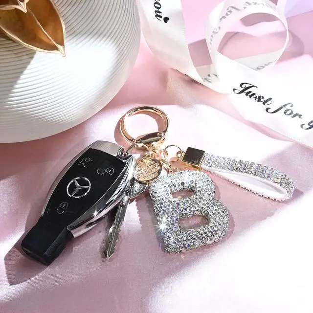 Alt view image 6 of 6 - Pink Blue White Initial Letter Keychain Gift for Women Girls Bling Sparkly Cute Backpack Car Key Accessories Lanyard (L-white)