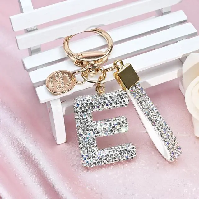 Alt view image 4 of 6 - Pink Blue White Initial Letter Keychain Gift for Women Girls Bling Sparkly Cute Backpack Car Key Accessories Lanyard (E-white)