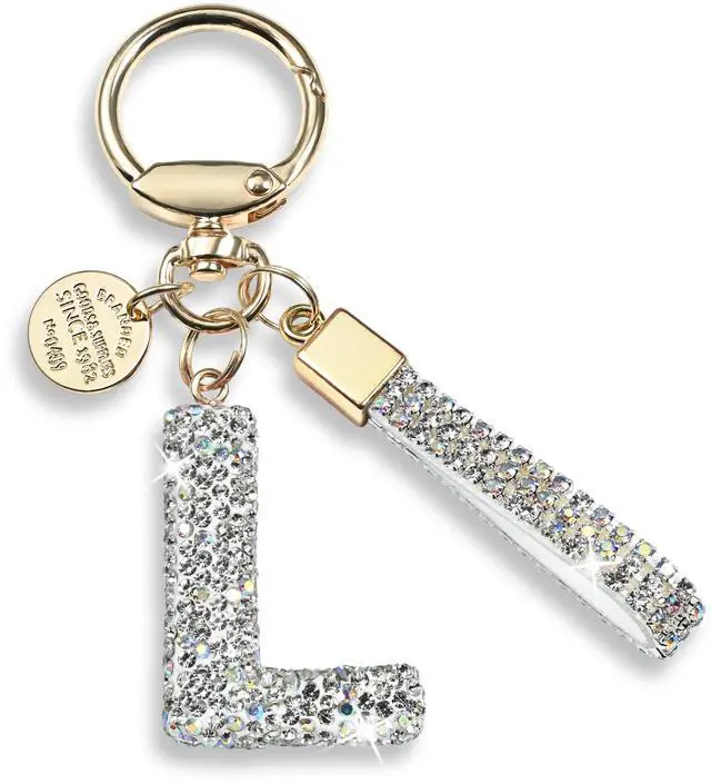 Main image of Pink Blue White Initial Letter Keychain Gift for Women Girls Bling Sparkly Cute Backpack Car Key Accessories Lanyard (L-white)