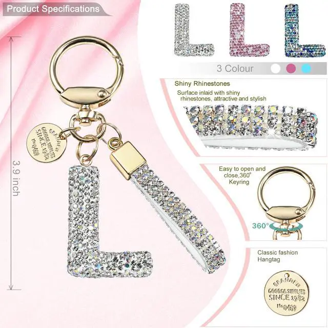 Alt view image 2 of 6 - Pink Blue White Initial Letter Keychain Gift for Women Girls Bling Sparkly Cute Backpack Car Key Accessories Lanyard (L-white)