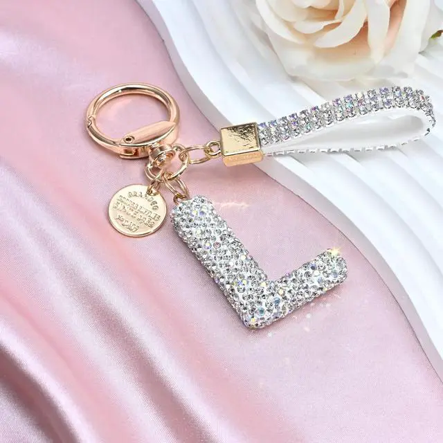 Alt view image 3 of 6 - Pink Blue White Initial Letter Keychain Gift for Women Girls Bling Sparkly Cute Backpack Car Key Accessories Lanyard (L-white)