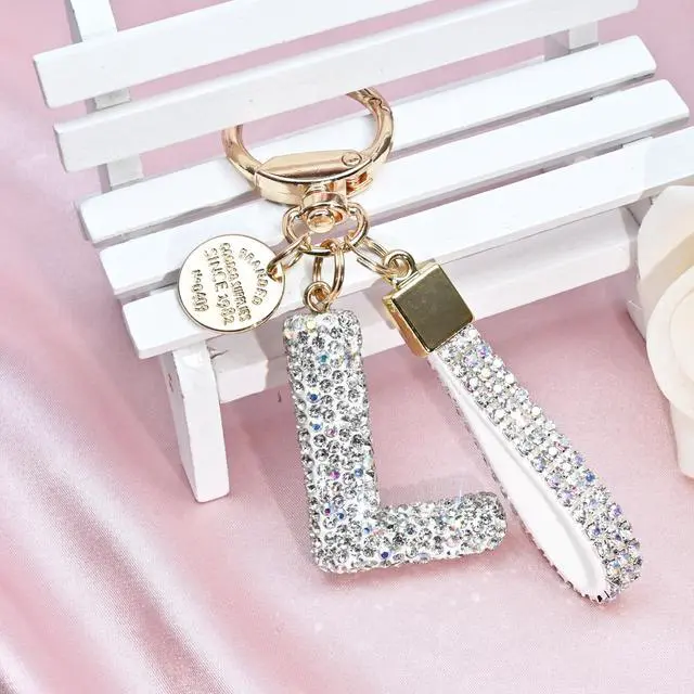 Alt view image 4 of 6 - Pink Blue White Initial Letter Keychain Gift for Women Girls Bling Sparkly Cute Backpack Car Key Accessories Lanyard (L-white)