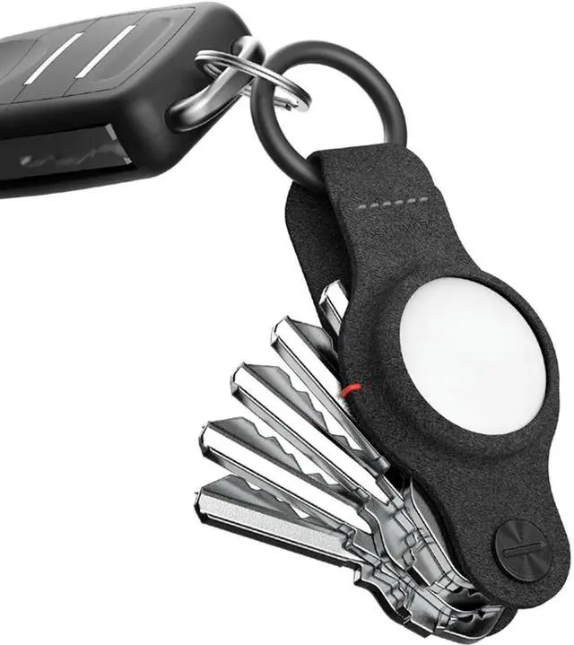 Main image of AirTag Keychain Key Holder, Compatible with Apple AirTag Holder, Key Organizer Keychains, Case for Air Tag Key Chain, Key Ring, Vegan Leather, Air Tags Not Included - Black Leather