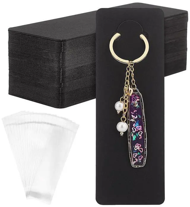 Main image of 100 Sets Long Keychain Display Cards with Self-Sealing Bags, 5.9x2 Inch Black Paper Keyring Display Holder Keychain Cards Holder for Displaying Keyring Keychains Jewelry Packaging
