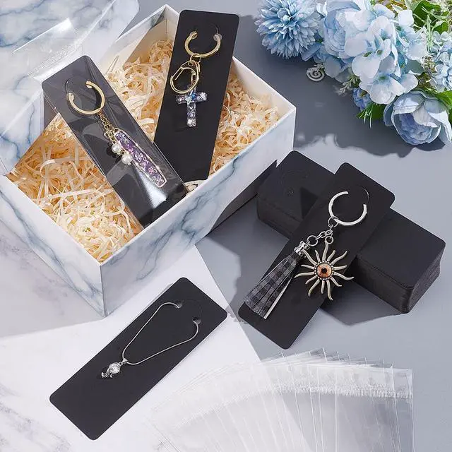 Alt view image 5 of 6 - 100 Sets Long Keychain Display Cards with Self-Sealing Bags, 5.9x2 Inch Black Paper Keyring Display Holder Keychain Cards Holder for Displaying Keyring Keychains Jewelry Packaging