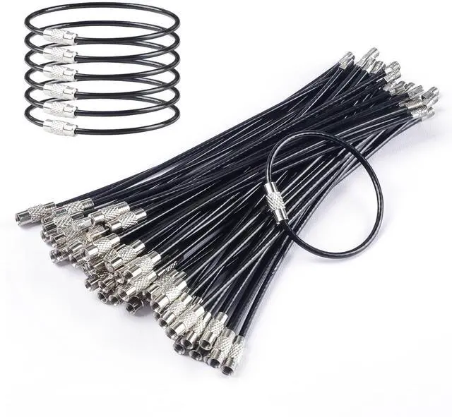 Main image of 4 Inch Black Wire Keychain Cable Large Stainless Steel Key Ring Loop Holder for Outdoor Hiking Heavy Duty Connectable Luggage Tag Keeper for Sport and Travel, 50 Pack
