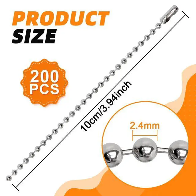 Alt view image 2 of 6 - 200 pcs 100 mm Long Bead Connector Clasp Ball Chains Keychain Tag Keychain Ball Chain 2.4 mm Diameter Adjustable Antiqued Metal Bead Steel Chain