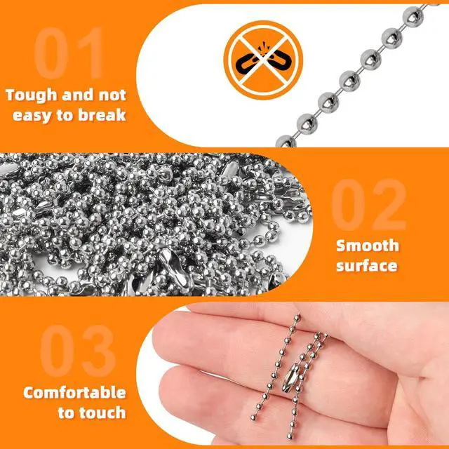 Alt view image 3 of 6 - 200 pcs 100 mm Long Bead Connector Clasp Ball Chains Keychain Tag Keychain Ball Chain 2.4 mm Diameter Adjustable Antiqued Metal Bead Steel Chain