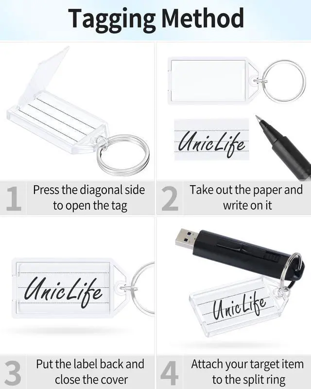 Alt view image 5 of 6 - 20 Pieces Key Tags 2 Inch Plastic Key Chain Tags with Ruled Blank Paper Labels Transparent Covers and Split Rings Sturdy Item Identifiers, White