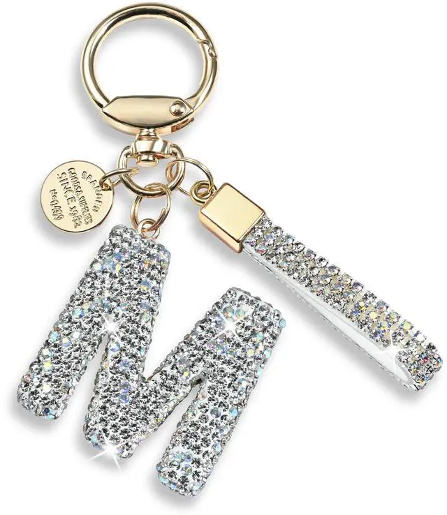 Main image of Pink Blue White Initial Letter Keychain Gift for Women Girls Bling Sparkly Cute Backpack Car Key Accessories Lanyard (M-white)