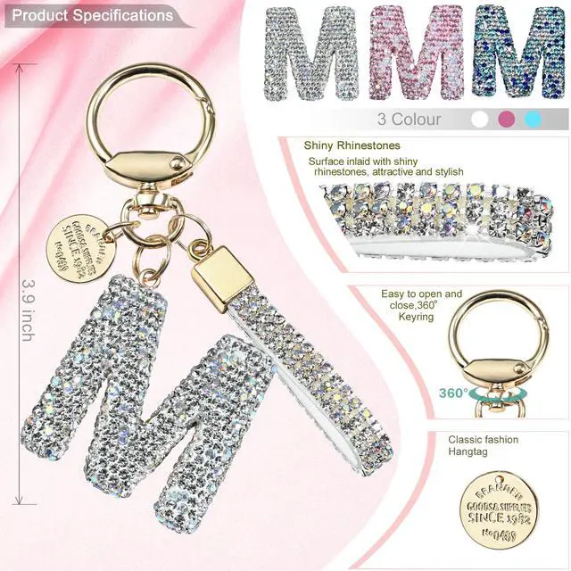 Alt view image 2 of 6 - Pink Blue White Initial Letter Keychain Gift for Women Girls Bling Sparkly Cute Backpack Car Key Accessories Lanyard (M-white)