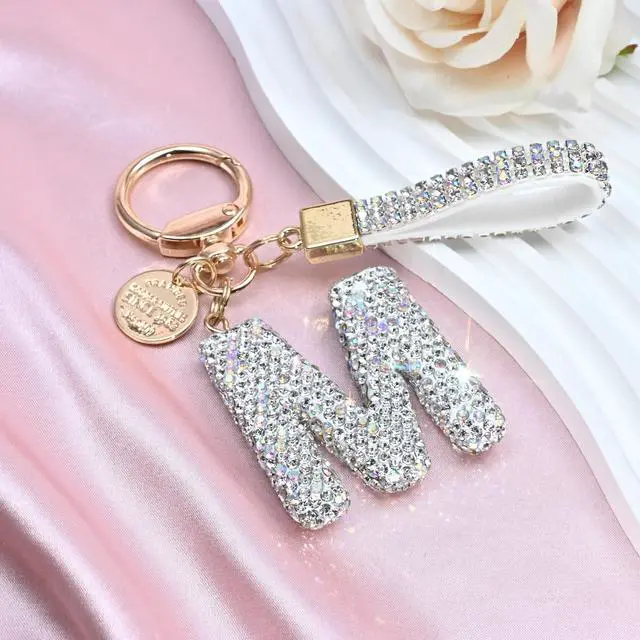 Alt view image 3 of 6 - Pink Blue White Initial Letter Keychain Gift for Women Girls Bling Sparkly Cute Backpack Car Key Accessories Lanyard (M-white)