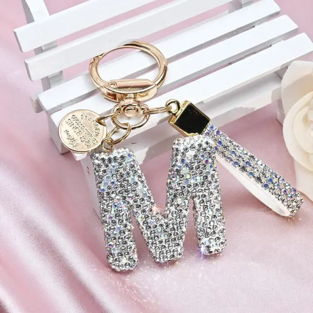 Alt view image 4 of 6 - Pink Blue White Initial Letter Keychain Gift for Women Girls Bling Sparkly Cute Backpack Car Key Accessories Lanyard (M-white)