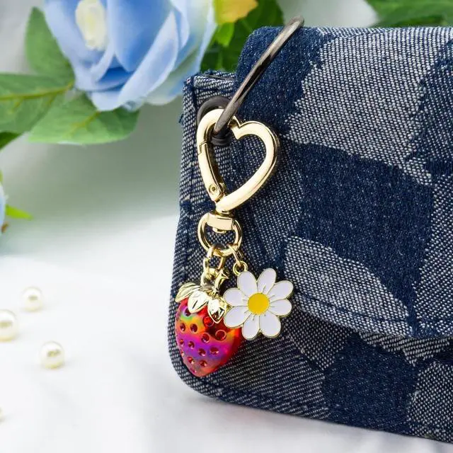 Alt view image 5 of 7 - Cute Cherry Strawberry bag charms keychain purse accessories charm for women handbags Kawaii Flower Car Key Chain