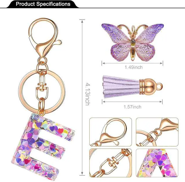 Alt view image 3 of 6 - Initial letter Keychains for Women Tassel Butterfly Pink Cute Car Keychain for Wallet Purses Backpack (Purple E)