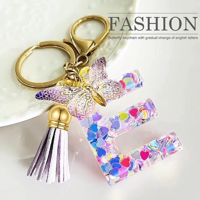Alt view image 2 of 6 - Initial letter Keychains for Women Tassel Butterfly Pink Cute Car Keychain for Wallet Purses Backpack (Purple E)