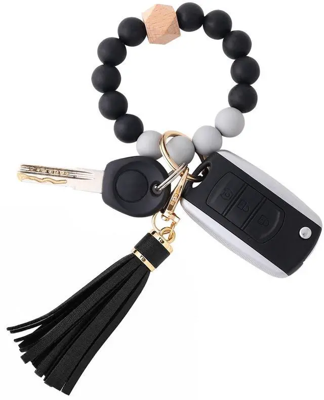 Main image of Women Silicone Keychain Bracelet Beaded Wristlet Key Ring Black Bangle Chains with Leather Tassel