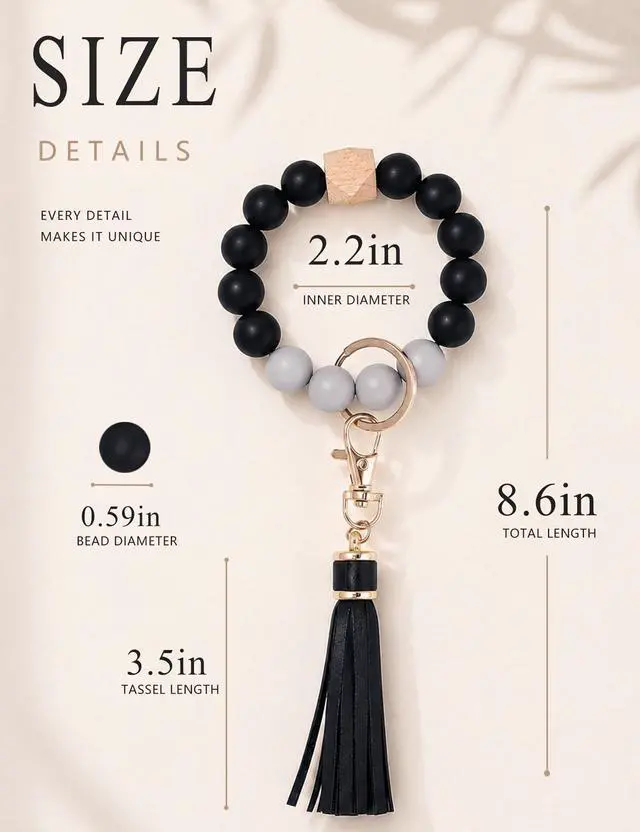 Alt view image 2 of 6 - Women Silicone Keychain Bracelet Beaded Wristlet Key Ring Black Bangle Chains with Leather Tassel