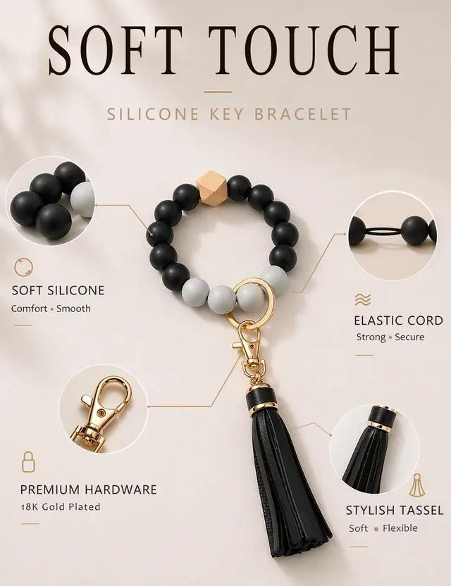 Alt view image 3 of 6 - Women Silicone Keychain Bracelet Beaded Wristlet Key Ring Black Bangle Chains with Leather Tassel