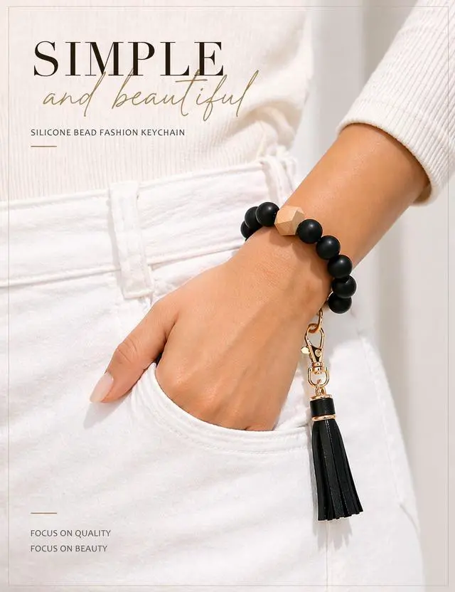 Alt view image 5 of 6 - Women Silicone Keychain Bracelet Beaded Wristlet Key Ring Black Bangle Chains with Leather Tassel