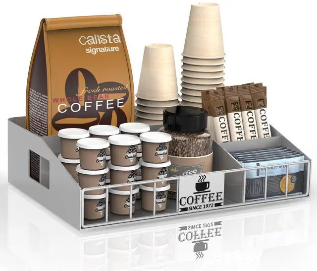 Main image of Coffee Station Organizer with 4 Compartments, K Cup Holder Storage Basket for Coffee Pods, Cups, Condiments, Sturdy Countertop Organizer for Kitchen Office Desktop Coffee Bar Accessories Metal Silver