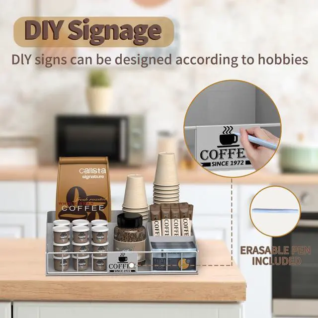 Alt view image 2 of 7 - Coffee Station Organizer with 4 Compartments, K Cup Holder Storage Basket for Coffee Pods, Cups, Condiments, Sturdy Countertop Organizer for Kitchen Office Desktop Coffee Bar Accessories Metal Silver