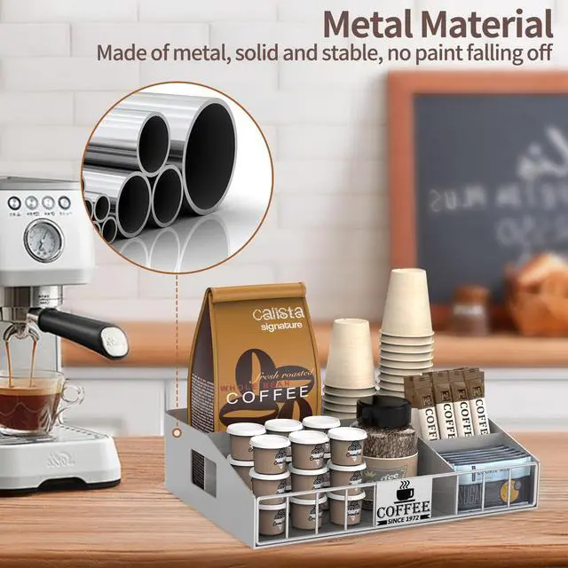 Alt view image 3 of 7 - Coffee Station Organizer with 4 Compartments, K Cup Holder Storage Basket for Coffee Pods, Cups, Condiments, Sturdy Countertop Organizer for Kitchen Office Desktop Coffee Bar Accessories Metal Silver