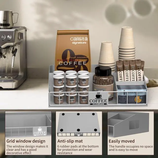 Alt view image 5 of 7 - Coffee Station Organizer with 4 Compartments, K Cup Holder Storage Basket for Coffee Pods, Cups, Condiments, Sturdy Countertop Organizer for Kitchen Office Desktop Coffee Bar Accessories Metal Silver