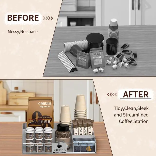 Alt view image 6 of 7 - Coffee Station Organizer with 4 Compartments, K Cup Holder Storage Basket for Coffee Pods, Cups, Condiments, Sturdy Countertop Organizer for Kitchen Office Desktop Coffee Bar Accessories Metal Silver