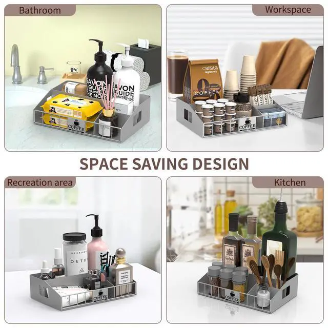 Alt view image 7 of 7 - Coffee Station Organizer with 4 Compartments, K Cup Holder Storage Basket for Coffee Pods, Cups, Condiments, Sturdy Countertop Organizer for Kitchen Office Desktop Coffee Bar Accessories Metal Silver