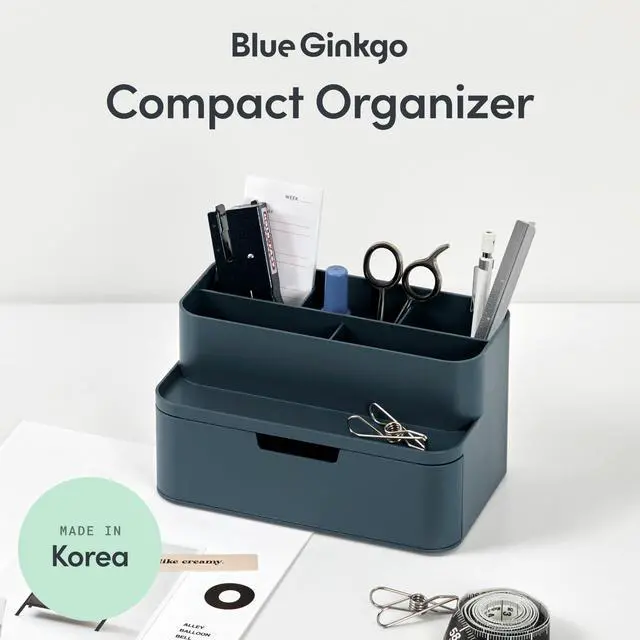 Alt view image 2 of 6 - Compact Desk Organizer Small 5-Compartment, Half Drawer Storage Pen Holder, Stationery Organizer for Desktop, Vanity, Shelf (Made in Korea, Blue)