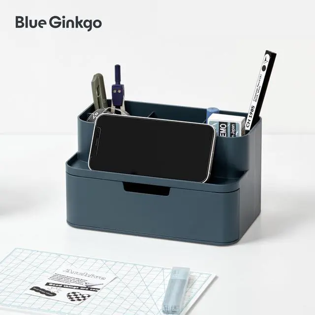 Alt view image 5 of 6 - Compact Desk Organizer Small 5-Compartment, Half Drawer Storage Pen Holder, Stationery Organizer for Desktop, Vanity, Shelf (Made in Korea, Blue)