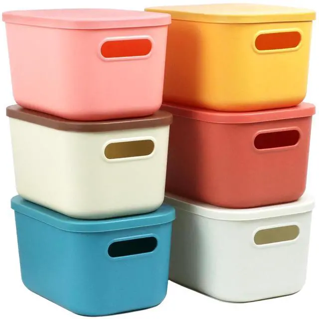 Main image of 6Pcs Small Storage Bins with Lids, Stackable Plastic Organizer Bin Storage Containers for Organizing, Shelf Baskets for Pantry Cabinet Shelves Desktop Freezer Drawer Organization (6 Color, Small)