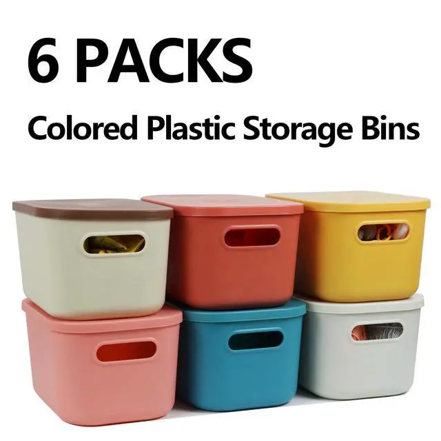 Alt view image 2 of 7 - 6Pcs Small Storage Bins with Lids, Stackable Plastic Organizer Bin Storage Containers for Organizing, Shelf Baskets for Pantry Cabinet Shelves Desktop Freezer Drawer Organization (6 Color, Small)