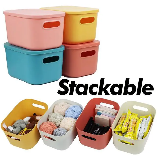 Alt view image 4 of 7 - 6Pcs Small Storage Bins with Lids, Stackable Plastic Organizer Bin Storage Containers for Organizing, Shelf Baskets for Pantry Cabinet Shelves Desktop Freezer Drawer Organization (6 Color, Small)