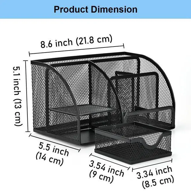 Alt view image 2 of 7 - Desk Organizer Stationery Storage, Pencil Holder for Desk, Wire Mesh Office Supplies Journals Notebooks Organizers with 7 Compartments and Mini Drawer (Black)