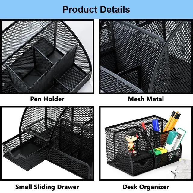 Alt view image 3 of 7 - Desk Organizer Stationery Storage, Pencil Holder for Desk, Wire Mesh Office Supplies Journals Notebooks Organizers with 7 Compartments and Mini Drawer (Black)
